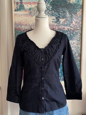 Ann Taylor Navy Ruffle V-Neck Button Up Blouse Small Cotton Coquette Feminine